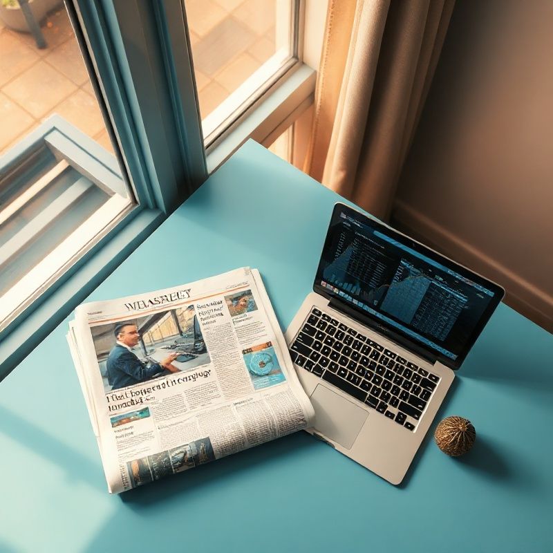 Overhead view of a broadsheet newspaper and laptop with data tables on an editorial desk