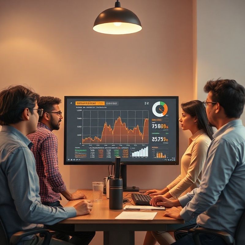 Journalism team of five people gathered around a monitor displaying economic data in a Kolkata office